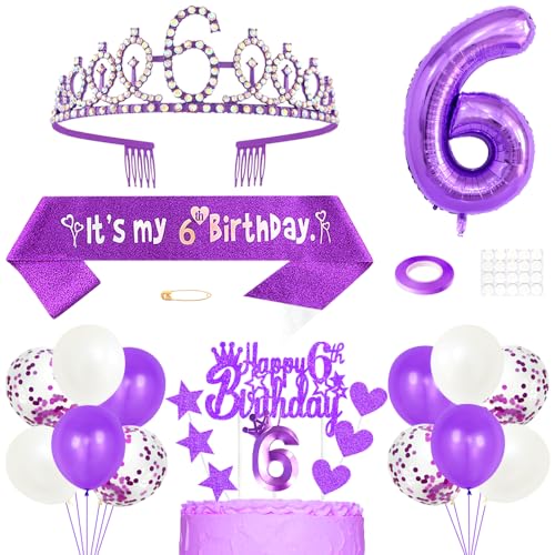 6. Geburtstag Dekoration Mädchen Geburtstags Königin Tiara Prinzessin Kronen 6th Geburtstag Schärpe 6 Jahre Alte Birthday Kuchendeko Zahl Kerzen Ballons Set für Girls Geburtstagsparty Dekor, Lila von Yijunmca