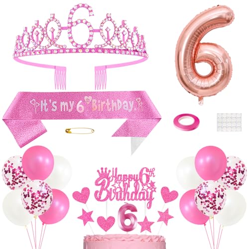 6. Geburtstag Dekoration Mädchen Geburtstags Königin Tiara Prinzessin Kronen 6th Geburtstag Schärpe 6 Jahre Alte Birthday Kuchendeko Zahl Kerzen Ballons Set für Girls Geburtstagsparty Dekor, Rosa von Yijunmca