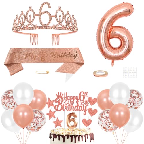 6. Geburtstag Dekoration Mädchen Geburtstags Königin Tiara Prinzessin Kronen 6th Geburtstag Schärpe 6 Jahre Alte Birthday Kuchendeko Zahl Kerzen Ballons Set für Girls Geburtstagsparty Dekor Roségold von Yijunmca