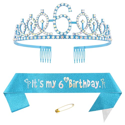 6. Geburtstags Krone und Schärpe für Mädchen Kristall Queen Tiara Princess Crown Blau 6th Birthday Schärpe 6th Geburtstagskrone Geburtstagsschärpe für Girls Geburtstag Dekoration Geburtstagsgeschenk von Yijunmca