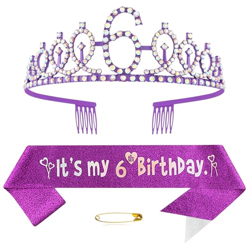 6. Geburtstags Krone und Schärpe für Mädchen Kristall Queen Tiara Princess Crown Lila 6th Birthday Schärpe 6th Geburtstagskrone Geburtstagsschärpe für Girls Geburtstag Dekoration Geburtstagsgeschenk von Yijunmca