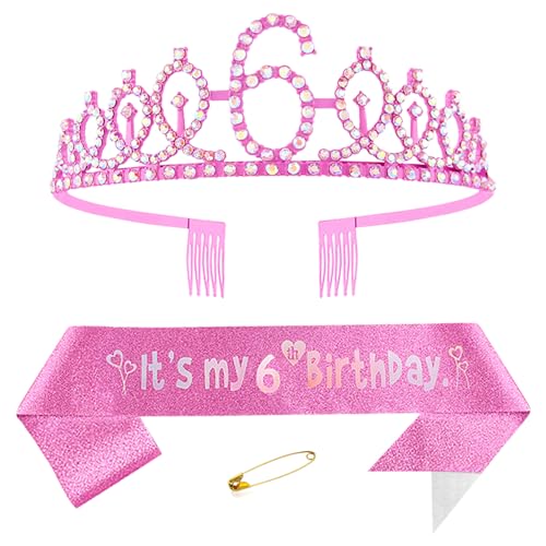 6. Geburtstags Krone und Schärpe für Mädchen Kristall Queen Tiara Princess Crown Rosa 6th Birthday Schärpe 6th Geburtstagskrone Geburtstagsschärpe für Girls Geburtstag Dekoration Geburtstagsgeschenk von Yijunmca