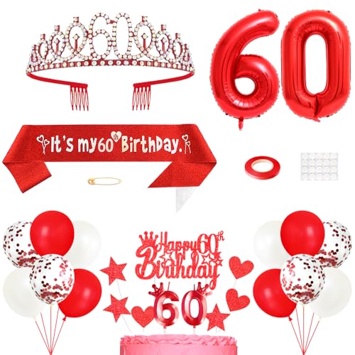 60. Geburtstag Dekoration Frauen Geburtstags Königin Tiara Prinzessin Kronen 60th Geburtstag Schärpe 60 Jahre Alte Birthday Kuchendeko Zahl Kerzen Ballons Set für Damen Geburtstagsparty Dekor, Rot von Yijunmca