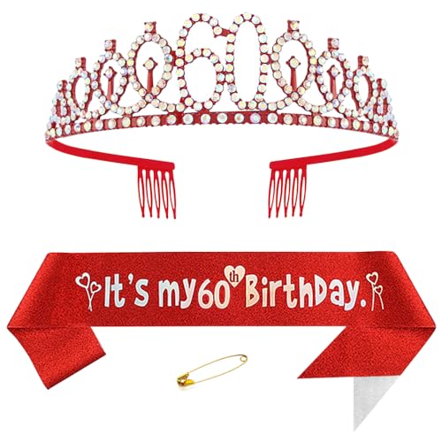 60. Geburtstags Krone und Schärpe für Damen Kristall Queen Tiara Princess Crown Rot Birthday Schärpe 60th Geburtstagskrone Frau Geburtstagsschärpe Frauen Geburtstag Dekoration Geburtstagsgeschenk von Yijunmca