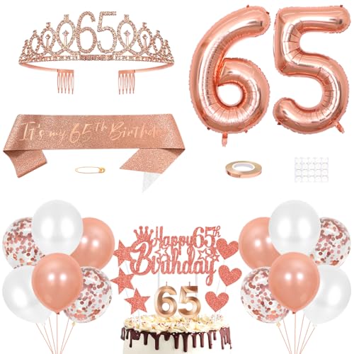 65. Geburtstag Dekoration Mädchen Geburtstags Königin Tiara Prinzessin Kronen 65th Geburtstag Schärpe 65 Jahre Alte Birthday Kuchendeko Zahl Kerzen Ballons Set Girls Geburtstagsparty Dekor Roségold von Yijunmca