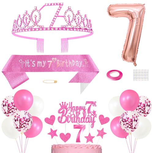 7. Geburtstag Dekoration Mädchen Geburtstags Königin Tiara Prinzessin Kronen 7th Geburtstag Schärpe 7 Jahre Alte Birthday Kuchendeko Zahl Kerzen Ballons Set für Girls Geburtstagsparty Dekor, Rosa von Yijunmca