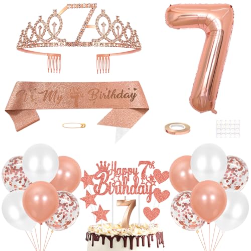 7. Geburtstag Dekoration Mädchen Geburtstags Königin Tiara Prinzessin Kronen 7th Geburtstag Schärpe 7 Jahre Alte Birthday Kuchendeko Zahl Kerzen Ballons Set für Girls Geburtstagsparty Dekor Roségold von Yijunmca