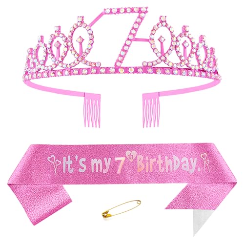 7. Geburtstags Krone und Schärpe für Mädchen Kristall Queen Tiara Princess Crown Rosa 7th Birthday Schärpe 7th Geburtstagskrone Geburtstagsschärpe für Girls Geburtstag Dekoration Geburtstagsgeschenk von Yijunmca