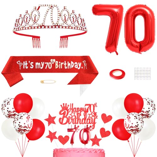 70. Geburtstag Dekoration Frauen Geburtstags Königin Tiara Prinzessin Kronen 70th Geburtstag Schärpe 70 Jahre Alte Birthday Kuchendeko Zahl Kerzen Ballons Set für Damen Geburtstagsparty Dekor, Rot von Yijunmca