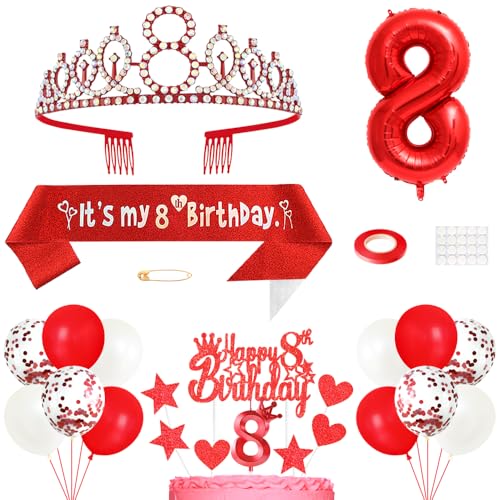 8. Geburtstag Dekoration Mädchen Geburtstags Königin Tiara Prinzessin Kronen 8th Geburtstag Schärpe 8 Jahre Alte Birthday Kuchendeko Zahl Kerzen Ballons Set für Girls Geburtstagsparty Dekor, Rot von Yijunmca