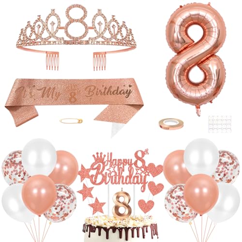 8. Geburtstag Dekoration Mädchen Geburtstags Königin Tiara Prinzessin Kronen 8th Geburtstag Schärpe 8 Jahre Alte Birthday Kuchendeko Zahl Kerzen Ballons Set für Girls Geburtstagsparty Dekor Roségold von Yijunmca