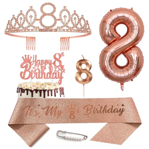 8. Geburtstags Krone Schärpe für Mädchen Kristall Queen Tiara Princess Crown 8 Jahre Geburtstag Tortendeko 8 Geburtstagskrone Geburtstagsschärpe Girls Geburtstagsgeschenk Helium Ballons Zahl 8 von Yijunmca