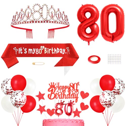 80. Geburtstag Dekoration Frauen Geburtstags Königin Tiara Prinzessin Kronen 80th Geburtstag Schärpe 80 Jahre Alte Birthday Kuchendeko Zahl Kerzen Ballons Set für Damen Geburtstagsparty Dekor, Rot von Yijunmca