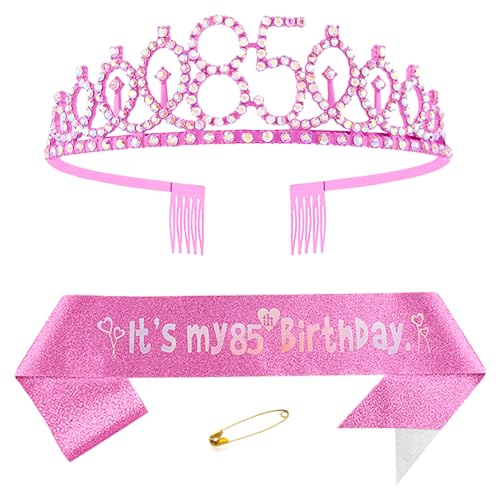 85. Geburtstags Krone und Schärpe für Damen Kristall Queen Tiara Princess Crown Rosa Birthday Schärpe 85th Geburtstagskrone Frau Geburtstagsschärpe Frauen Geburtstag Dekoration Geburtstagsgeschenk von Yijunmca