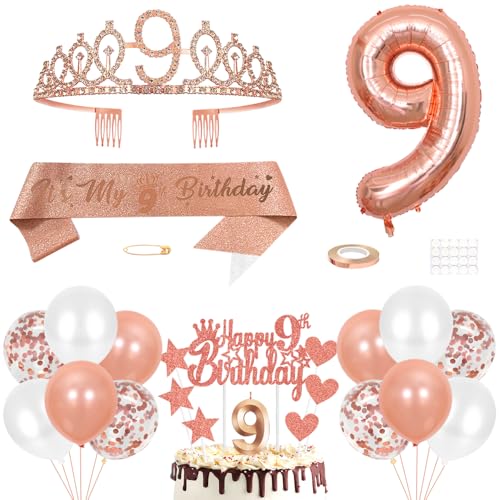 9. Geburtstag Dekoration Mädchen Geburtstags Königin Tiara Prinzessin Kronen 9th Geburtstag Schärpe 9 Jahre Alte Birthday Kuchendeko Zahl Kerzen Ballons Set für Girls Geburtstagsparty Dekor Roségold von Yijunmca