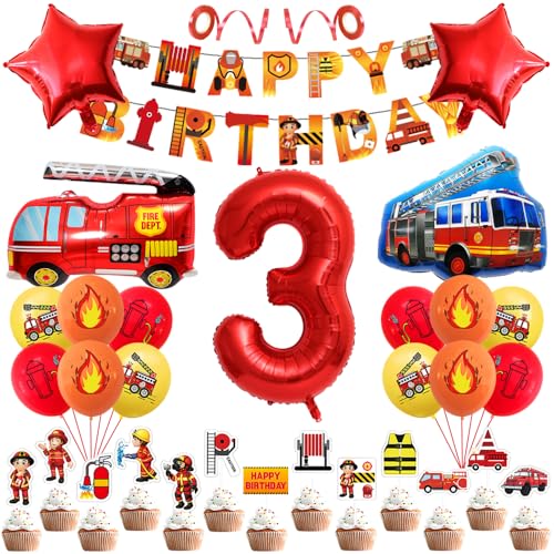 Geburtstagsdeko 3 Jahre Jungen Mädchen Feuerwehr Geburtstag Dekoration 3th Kindergeburtstag Deko Birthday Banner Feuerwehrwagen Folienballon Luftballons Feuerwehrauto Kuchendeko für Party Supplies von Yijunmca