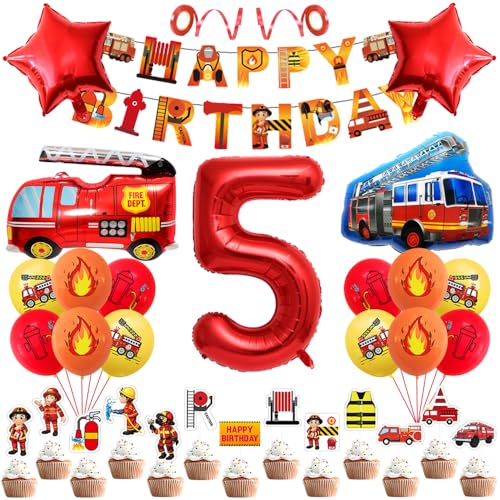 Geburtstagsdeko 5 Jahre Jungen Mädchen Feuerwehr Geburtstag Dekoration 5th Kindergeburtstag Deko Birthday Banner Feuerwehrwagen Folienballon Luftballons Feuerwehrauto Kuchendeko für Party Supplies von Yijunmca