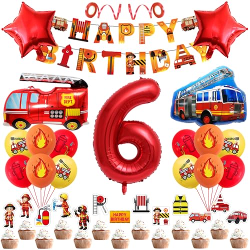 Geburtstagsdeko 6 Jahre Jungen Mädchen Feuerwehr Geburtstag Dekoration 6th Kindergeburtstag Deko Birthday Banner Feuerwehrwagen Folienballon Luftballons Feuerwehrauto Kuchendeko für Party Supplies von Yijunmca