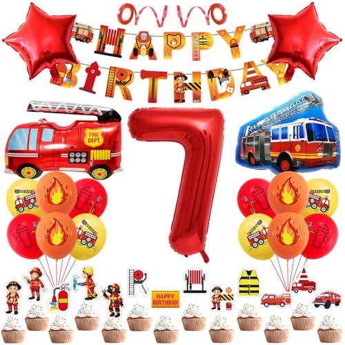 Geburtstagsdeko 7 Jahre Jungen Mädchen Feuerwehr Geburtstag Dekoration 7th Kindergeburtstag Deko Birthday Banner Feuerwehrwagen Folienballon Luftballons Feuerwehrauto Kuchendeko für Party Supplies von Yijunmca