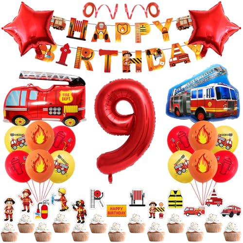 Geburtstagsdeko 9 Jahre Jungen Mädchen Feuerwehr Geburtstag Dekoration 9th Kindergeburtstag Deko Birthday Banner Feuerwehrwagen Folienballon Luftballons Feuerwehrauto Kuchendeko für Party Supplies von Yijunmca