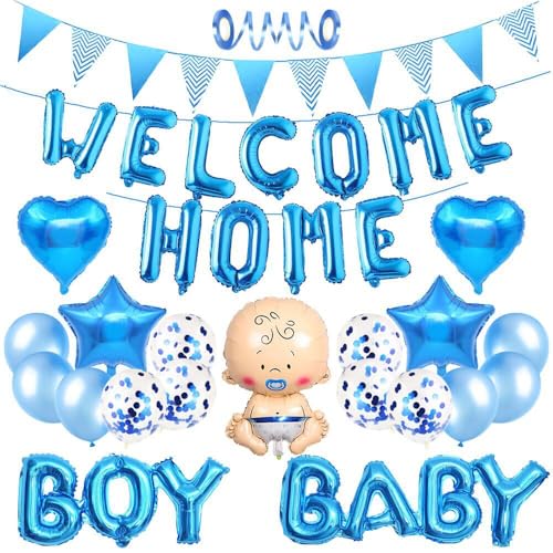 Welcome Home Banner Baby Boy Ballon Boyande Herz Stern Folienballon Roségold Pailletten Luftballons Willkommen Zuhause Mädchen Figuren Heliumballon Set für Babyparty Familie Partei Dekoration von Yijunmca