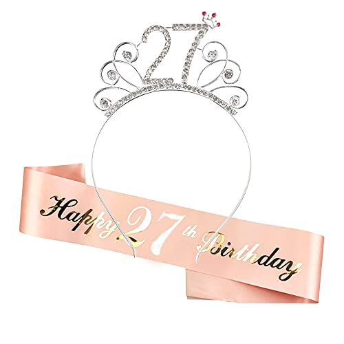 Yijunmca 27. Geburtstags Krone Schärpe Kristall Tiara Krone Happy Birthday Satin Schärpe Prinzessin Haar Zusätze Haarreif Crown Schulterriemen Set für Mädchen Party Girl Geburtstag Deko von Yijunmca