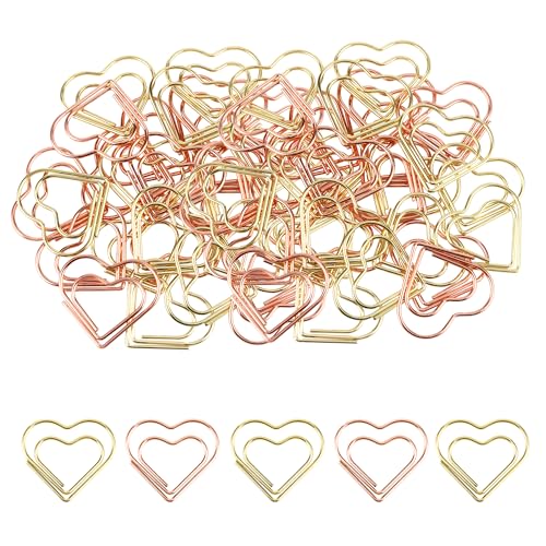 100 Stück Büroklammern Herz Büroklammern Groß Büroklammer Herzförmige büroklammern motiv Liebe Büroklammern Spender Herz Paper Clips Für Dekorative Hochzeiten Postkarten Schule Büro（Gold+Roségold） von YiliYa