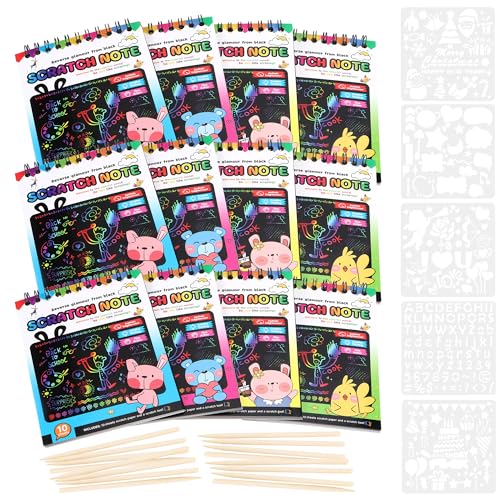 YiliYa Kratzbilder Kinder,12 Satz/120 Blätter Regenbogen Kratzpapier mit 12 Holzstifte und 5 Malschablonen Magic Scratch Book Kratzbilder Notizbuch Set zum Kinderkritzeleien Zeichnen und Basteln von YiliYa