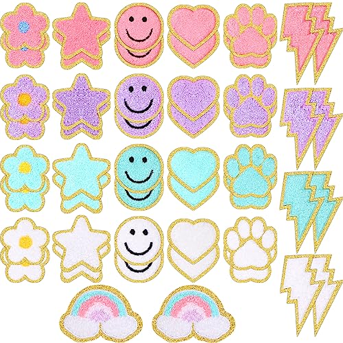 50 Stück ChenilleFlicken zum Aufbügeln auf Pfotenabdrücken, Smile Face Herz Patches Preppy Patches Chenille Regenbogen Glitzer Iron on Sew on Repair Embroidered Patches for Clothes DIY (niedlicher von Yilloog