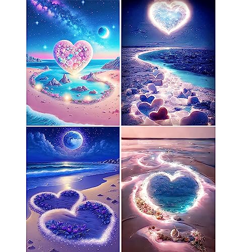 Yiminu.DS 4Pcs Diamond Painting Set, 5D Diamond Painting Erwachsene, DIY Diamond-painting Diamant Painting Bilder mit Runden Vollbohrer Diamant für Home Wanddekoration, 30CM X 40CM, Liebe Herz Strand von Yiminu.DS