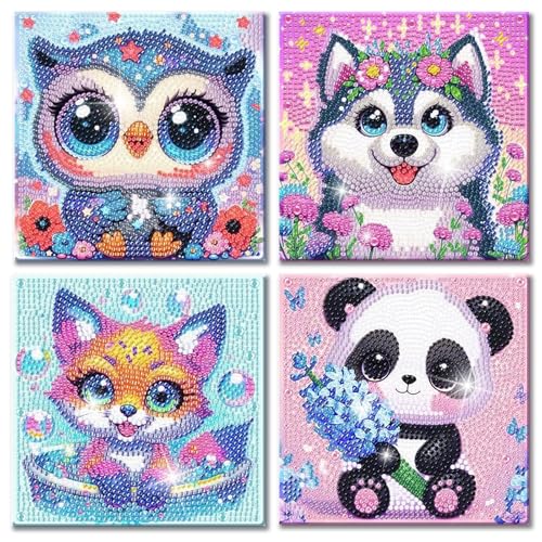 Yiminu.DS 4er Diamond Painting Kinder ab 6 7 8 9 10 11 12 Jahre, 5D Diamant Painting Set Bilder Kleine, Bastelset Basteln Geschenk Mädchen Jungs 6-12 6-8 8-12 Jahre, Eule Hund Fuchs Panda, 15cm*15cm von Yiminu.DS