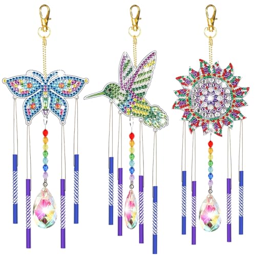 Yiminu.DS Diamond Painting Kinder, Bastelset Basteln Mädchen, Geschenk Mädchen 5 6 7 8 9 10 11 Jahre, Windspiel Bastelset Kinder Diamant Painting Schmetterling Vogel Anhänger Windspiel, 3PCS von Yiminu.DS