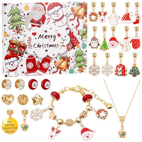 Weihnachtskalender Advent,Adventskalender 2024 Mädchen - Schmuckherstellungsset 24 Tage Charm-Armbänder - Kalender-Ornament-Armband-Bastelset für Kinder, Mädchen (Armband+Halskette) von Yimomoyi