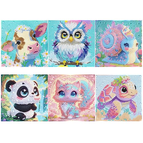 Yimomoyi 6er Set Diamond Painting Kinder, 5D Diamant Painting Bilder, Diamond Painting Schildkröte Eule Fuchs Panda Kuh Tiere-Set, Mädchen Junge Geschenke ab 6 7 8 9 10 11 12 Jahre, 15x15cm von Yimomoyi