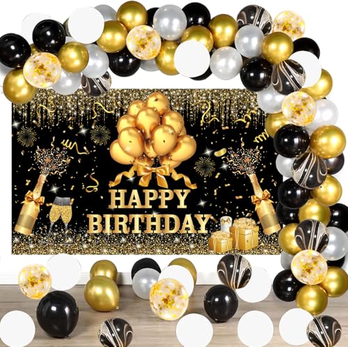 YinQin 63 Stück Schwarze und goldene Geburtstagsballons mit Fotohintergrund, Schwarze Goldene und silberne Geburtstagsballons, Dekoration zum Geburtstag Partyzubehör für Frauen und Männer von YinQin