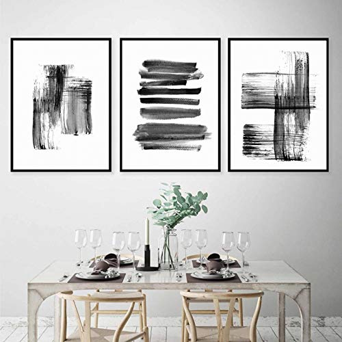 Abstrakte Pinselstriche Tinte Schwarz-Weiß-Leinwand Druck Gemälde Poster Wandkunst Bilder für Wohnzimmer Home Decoration-30x40cmx3 Kein Rahmen von Yinaa