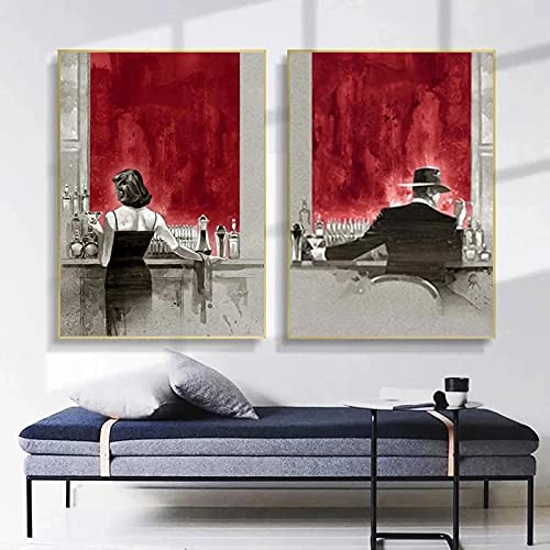 Yinaa Druck auf Leinwand Frau und Mann an der Bar Art Malerei Bunte Leinwand Wandkunst Bilder für Wohnzimmer Wohnkultur 60x90cmx2pcs rahmenlos von Yinaa