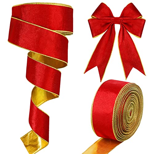 Yinder Weihnachts-Samtband, 6,3 cm, Draht, goldene Kanten, Geschenkband, doppelseitiges Band für Weihnachtsschleife, Urlaub, Geschenkverpackungen (rot, gold, 60 Meter) von Yinder