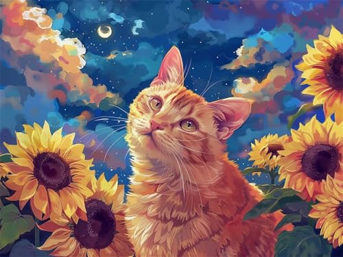 Malen Nach Zahlen Mond Katze, Malen Nach Zahlen Bastelset Erwachsene, DIY Paint by Numbers mit Pinseln und Acrylfarben Handgemalt Ölgemälde Set, Home Decor Mädchen Geschenk, Ohne Rahmen 20x30cm G4-488 von Yingeen