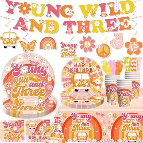 138pcs Young Wild und Three Party Dekorationen Geschirr-Set, Wild und Drei Party Dekorationen Junge Wild und Drei Teller Servietten Tischdecke Banner für Junge Wild und Drei Party Dekorationen Mädchen von Yingoto