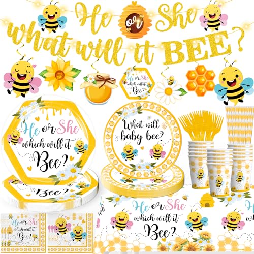 168pcs What Will it Bee Gender Reveal Dekorationen Geschirr Set, Bee Gender Reveal Dekorationen umfassen Banner, Teller, Tassen, Servietten, Tischdecke, Bee Party Dekorationen für Babyparty, Serve 25 von Yingoto