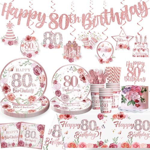 170pcs 80th Birthday Decorations for Women Tableware Set, Happy 80th Birthday Decorations 80th Birthday Plates and Napkins 80 and Fabulous 80th Birthday Decorations for 25 Guests von Yingoto