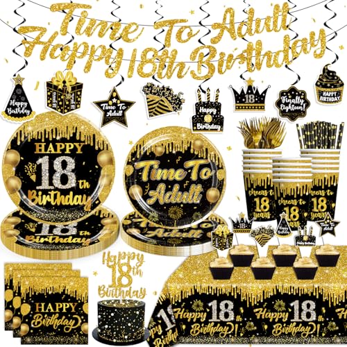 18 Geburtstag Dekorationen für Jungen, Time to Adult Happy 18th Birthday Banner 18th Black and Gold Plates Cups Napkins 18th Birthday Tablecloth and 18th Birthday Cake Topper 18th Birthday Decorations von Yingoto