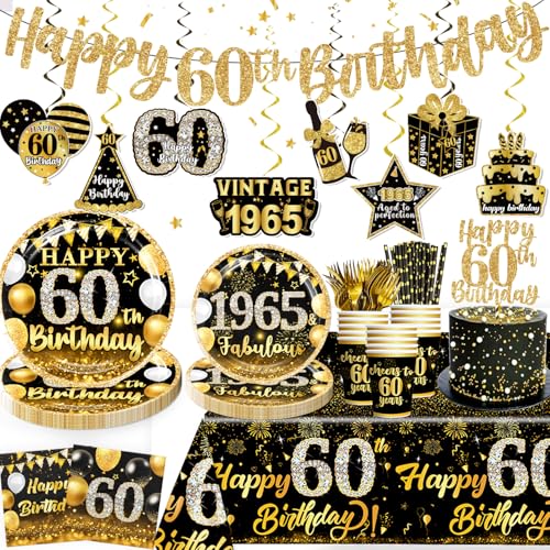 Yingoto 170pcs 60th Birthday Decorations for Men Women, 1965 Birthday Decorations Black Gold 60th Birthday Banner Plates Napkins Tablecloth Happy 60th Birthday Decorations for 25 Guests von Yingoto