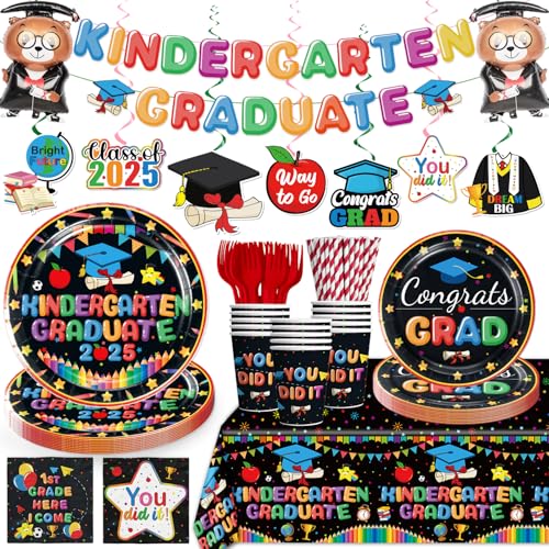 Yingoto Kindergarten Graduation Dekorationen - 162 Stück Set für 25 Gäste, inklusive Banner, hängende Wirbel, Geschirr, Tischdecke & Luftballons - Ideal für Kindergarten & Vorschule Abschlussfeier von Yingoto