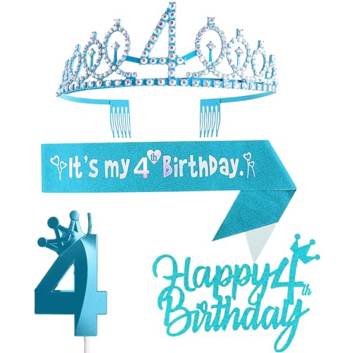 4. Geburtstag Dekorationen für Mädchen, einschließlich 4. Geburtstag Krone Diadem, Schärpe, Happy Birthday Cake Toppers und Zahl 4 Kerzen, Blau Geburtstag Party Supplies 4 Jahre altes Mädchen von Yiran