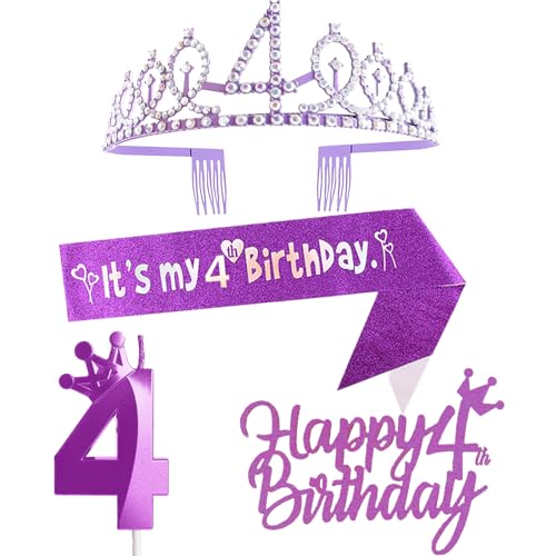 4. Geburtstag Dekorationen für Mädchen, einschließlich 4. Geburtstag Krone Diadem, Schärpe, Happy Birthday Cake Toppers und Zahl 4 Kerzen, Lila Geburtstag Party Supplies 4 Jahre altes Mädchen von Yiran