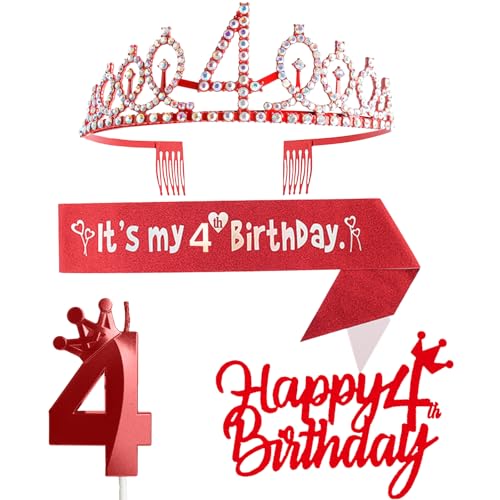 4. Geburtstag Dekorationen für Mädchen, einschließlich 4. Geburtstag Krone Diadem, Schärpe, Happy Birthday Cake Toppers und Zahl 4 Kerzen, Rot Geburtstag Party Supplies 4 Jahre altes Mädchen von Yiran