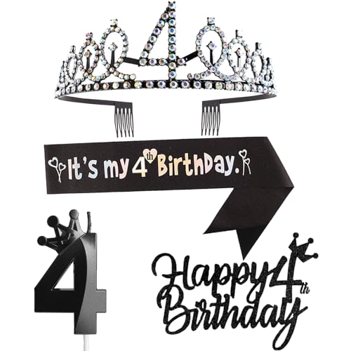 4. Geburtstag Dekorationen für Mädchen, einschließlich 4. Geburtstag Krone Diadem, Schärpe, Happy Birthday Cake Toppers und Zahl 4 Kerzen, Schwarz Geburtstag Party Supplies 4 Jahre altes Mädchen von Yiran