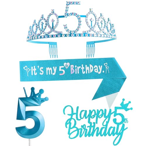 5. Geburtstag Dekorationen für Mädchen, einschließlich 5. Geburtstag Krone Tiara, Schärpe, Happy Birthday Cake Toppers und Zahl 5 Kerzen, Blau Geburtstag Party Supplies 5 Jahre altes Mädchen von Yiran